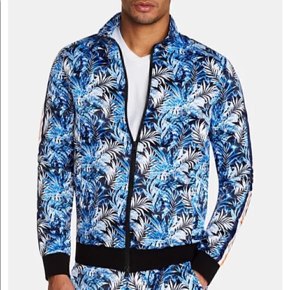 Tallia Sport Blue Tropical Striped Sleeve Athletic Jacket - small